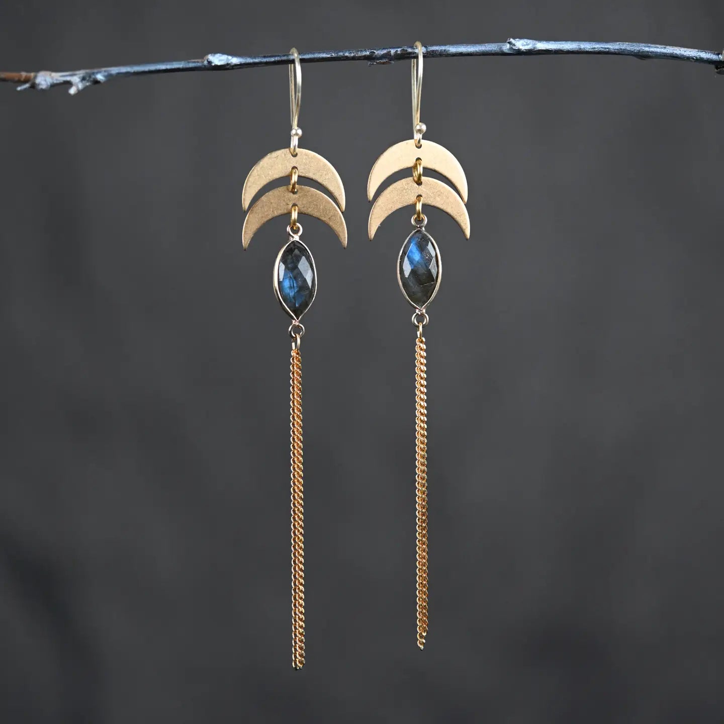 KBD Studio Double Moon Labradorite and Chain Tassle Earrings